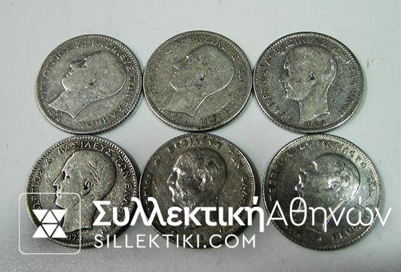 Collection of 6 Dif. Drachmas of King George F-VF